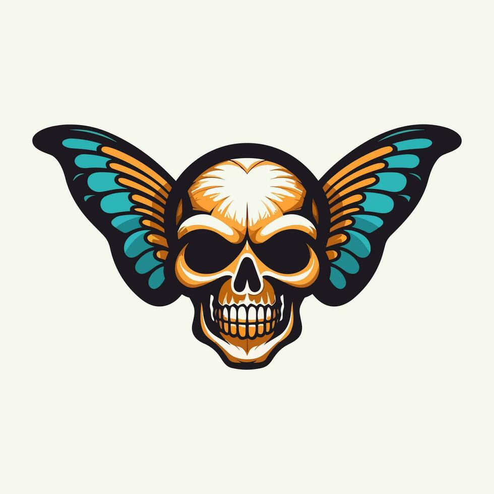 skull butterfly wings illustration hand drawn logo design vector