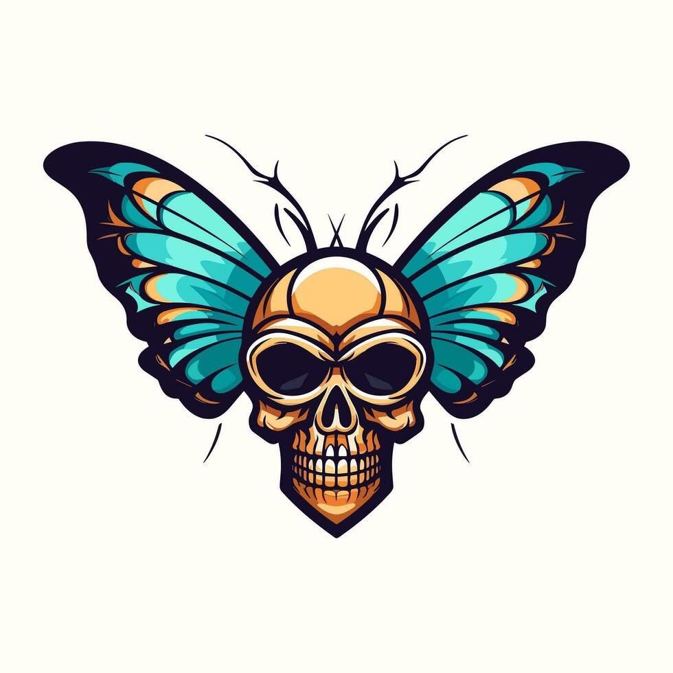 skull butterfly wings illustration hand drawn logo design vector