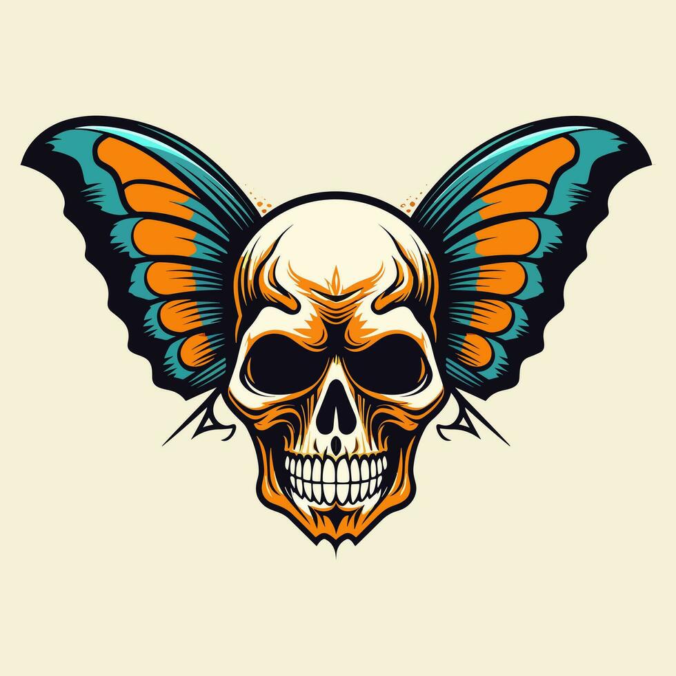 skull butterfly wings illustration hand drawn logo design vector