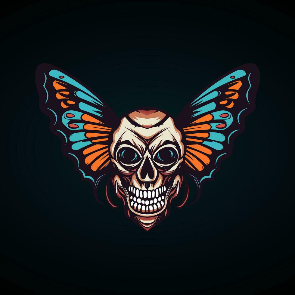 skull butterfly wings illustration hand drawn logo design vector
