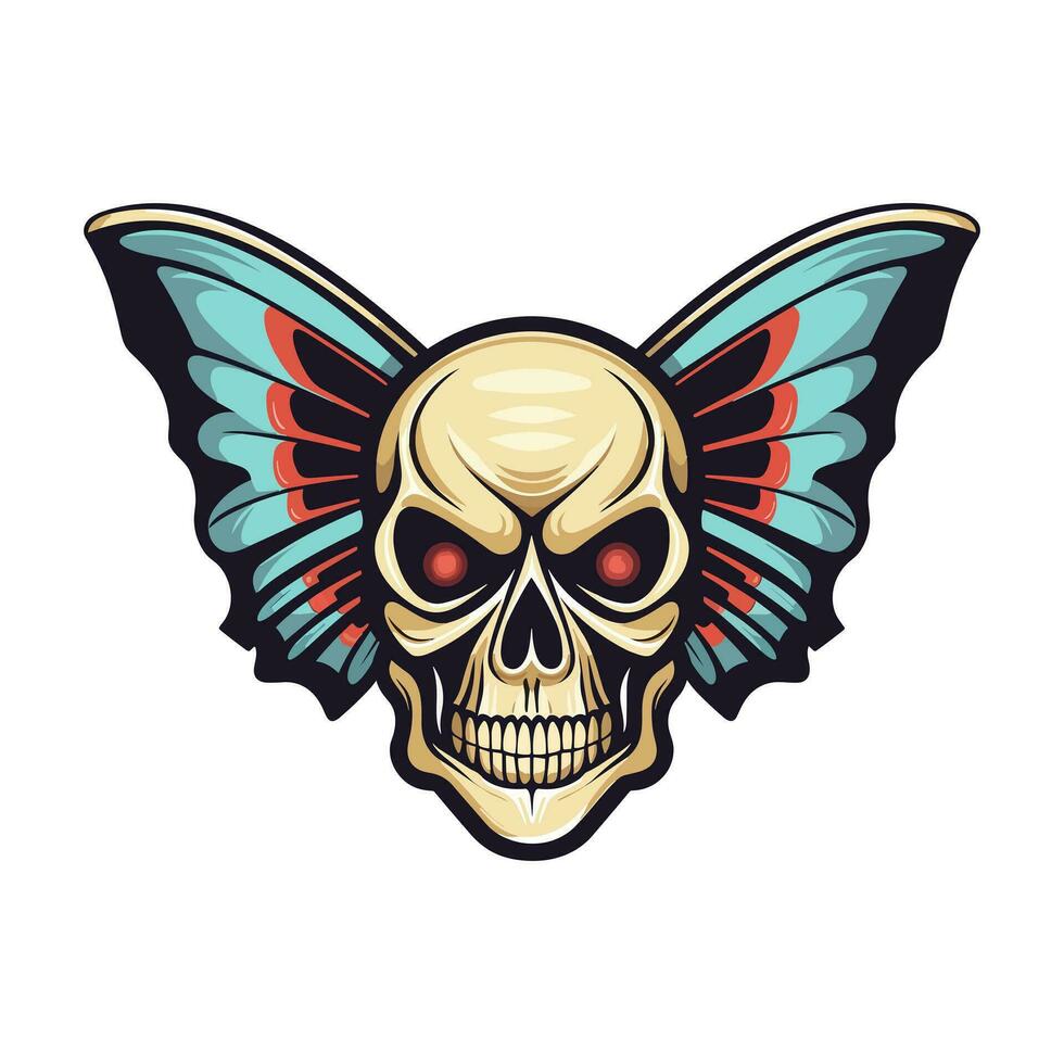 skull with butterfly wings illustration hand drawn logo design vector