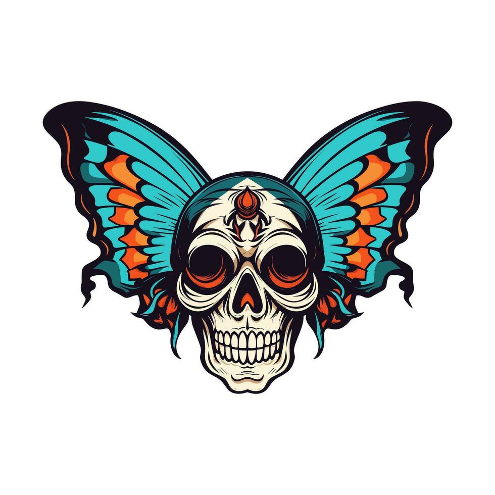 skull with butterfly wings illustration hand drawn logo design vector
