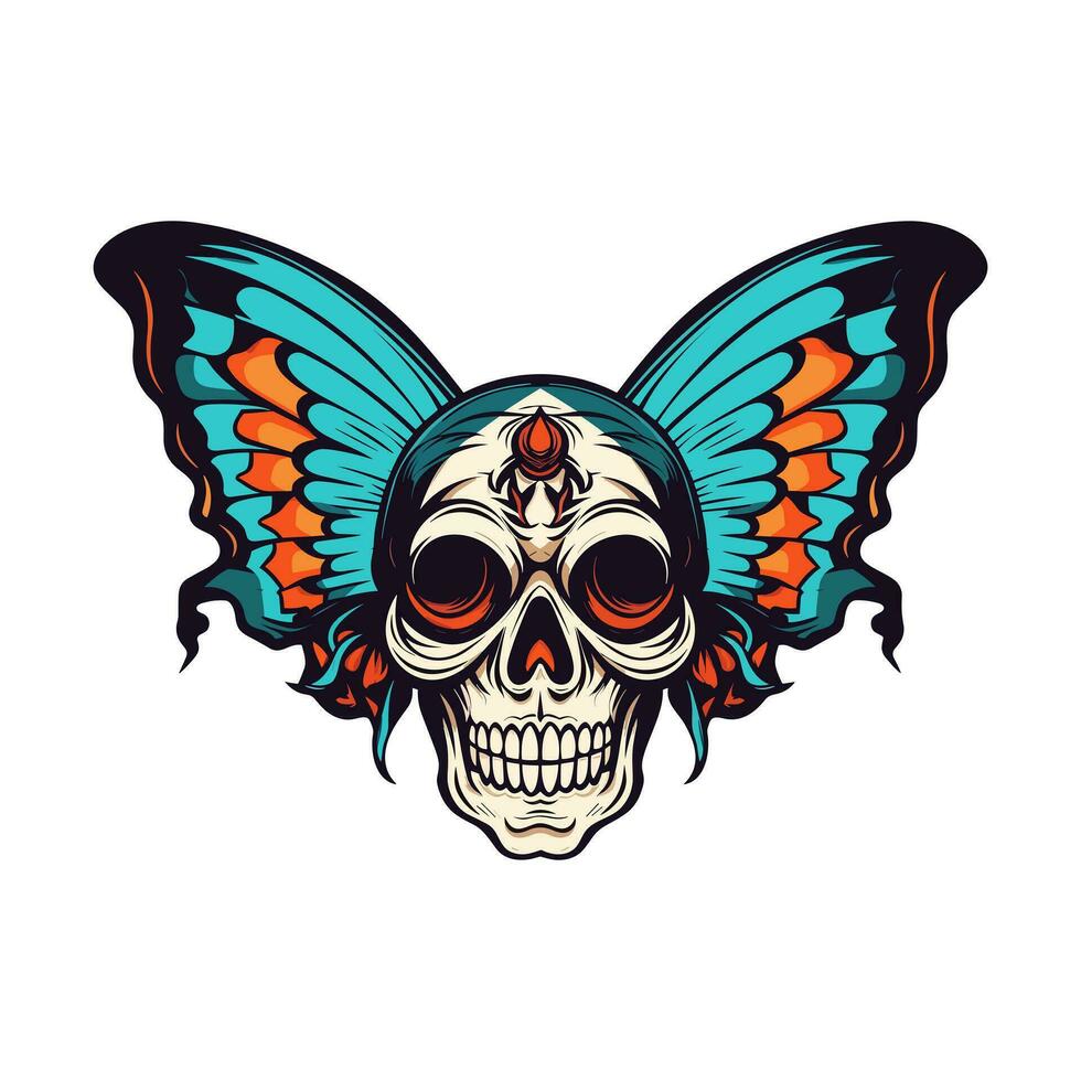 skull with butterfly wings illustration hand drawn logo design vector