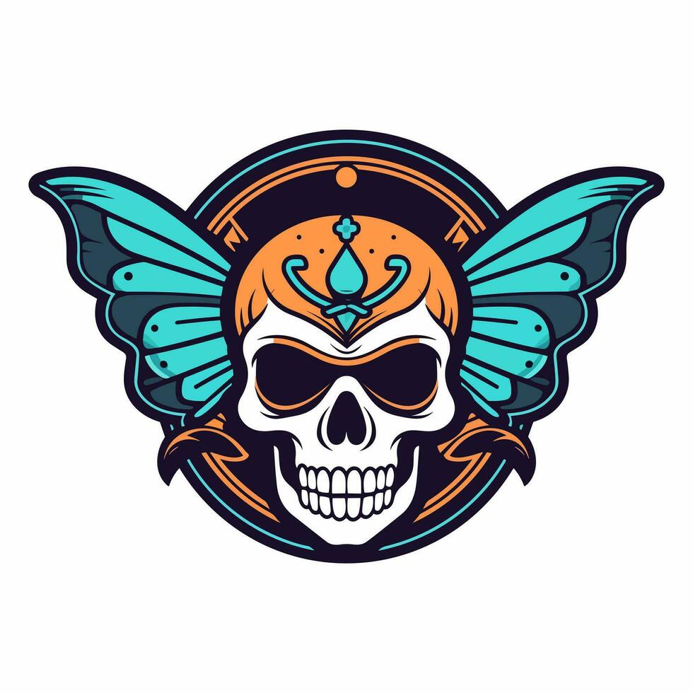 skull with butterfly wings illustration hand drawn logo design vector