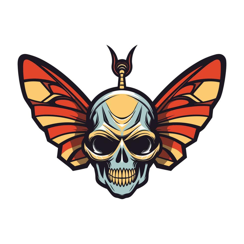 skull with butterfly wings illustration hand drawn logo design vector
