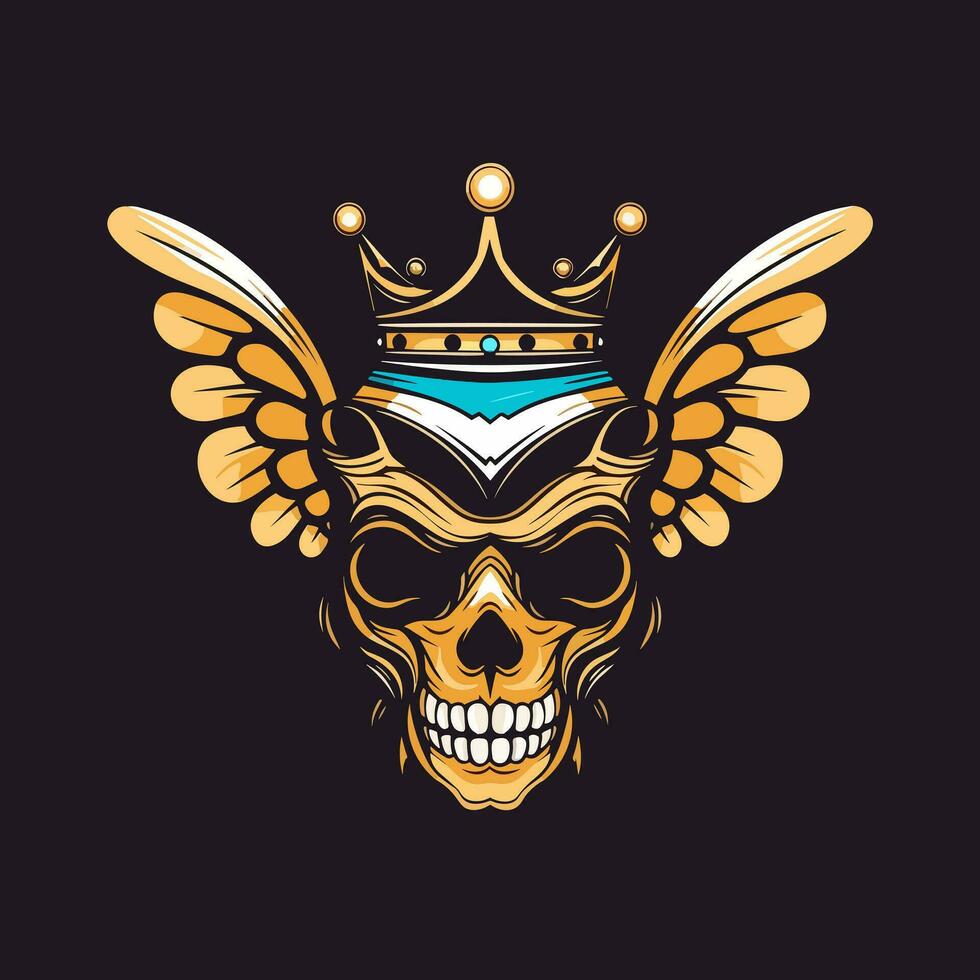 skull with butterfly wings and crown illustration hand drawn logo design vector