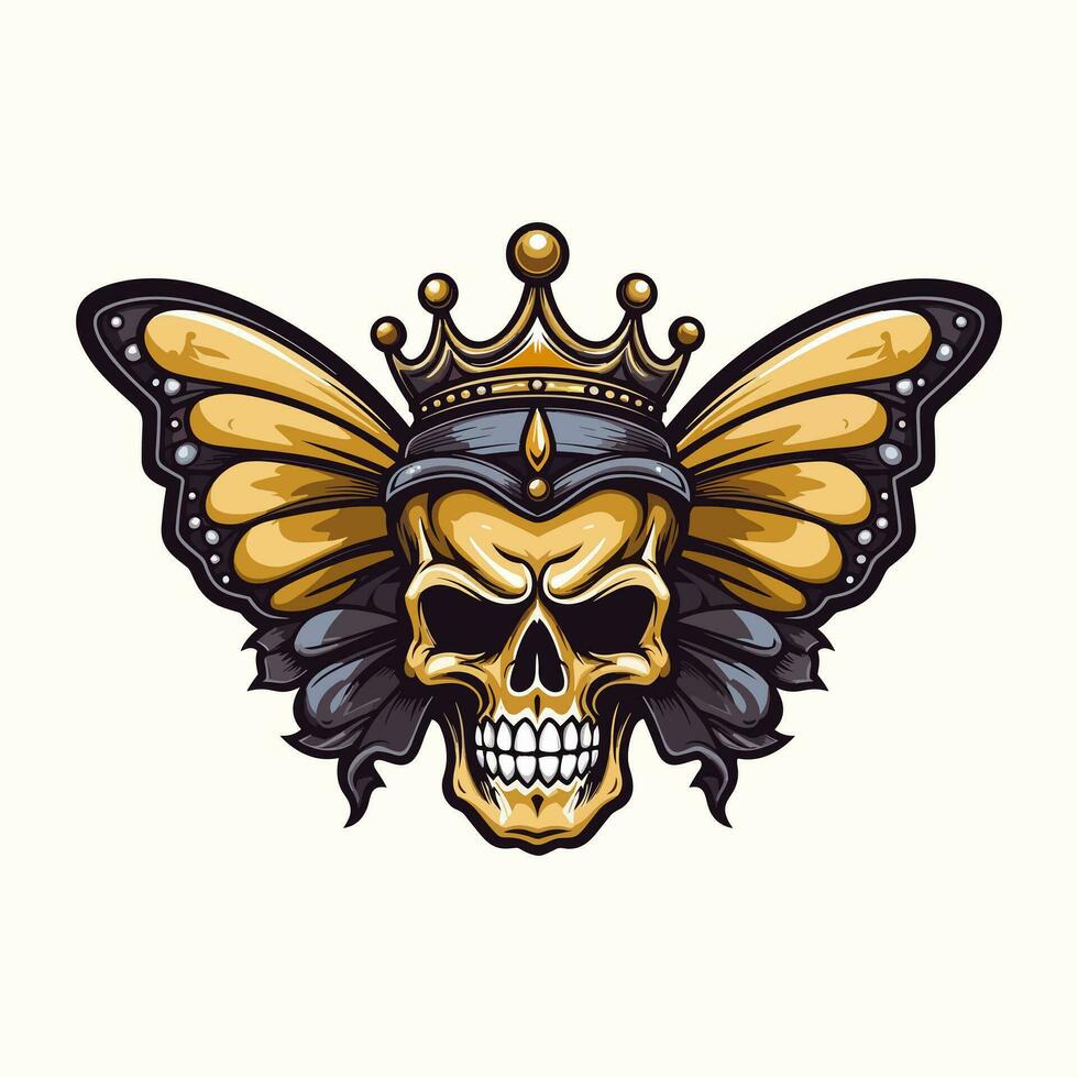 skull with butterfly wings and crown illustration hand drawn logo design vector