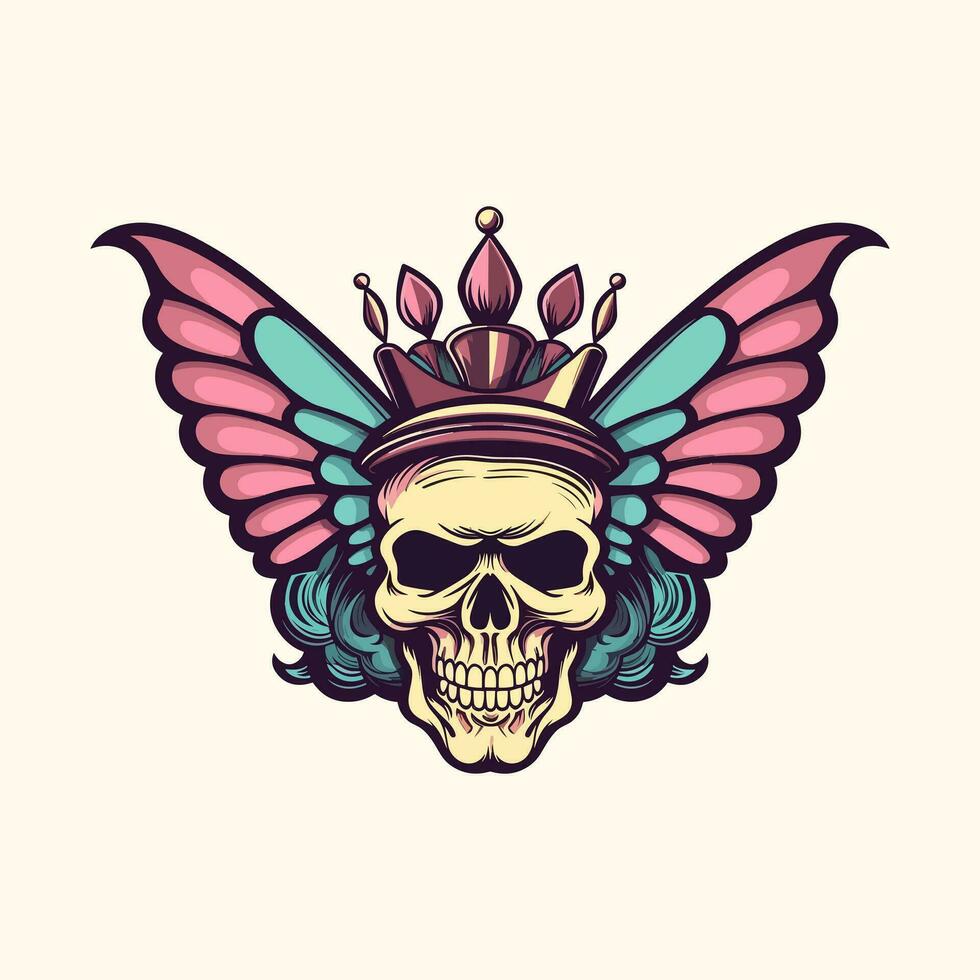 cráneo con mariposa alas y corona ilustración mano dibujado logo diseño vector