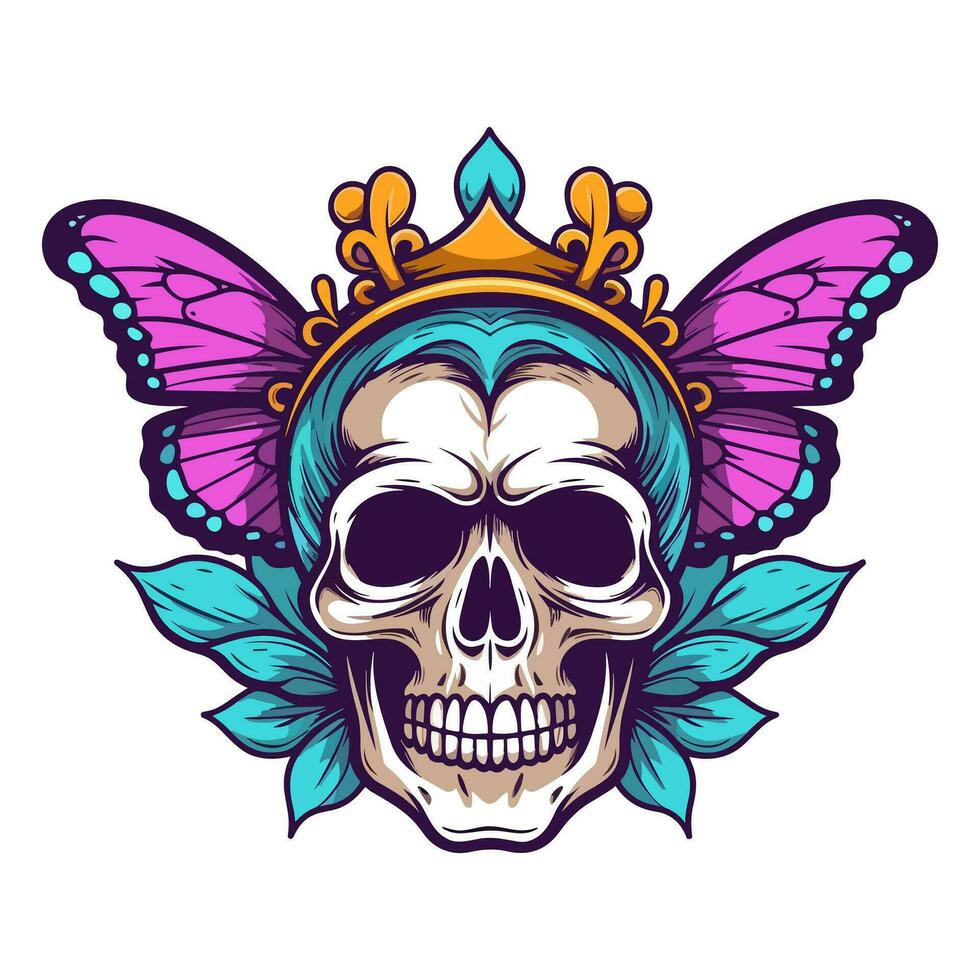 skull with butterfly wings and crown illustration hand drawn logo design vector