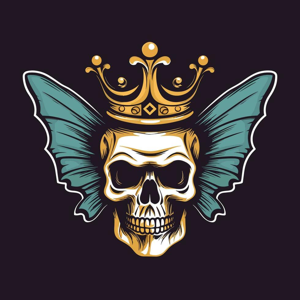 skull with butterfly wings and crown illustration hand drawn logo design vector