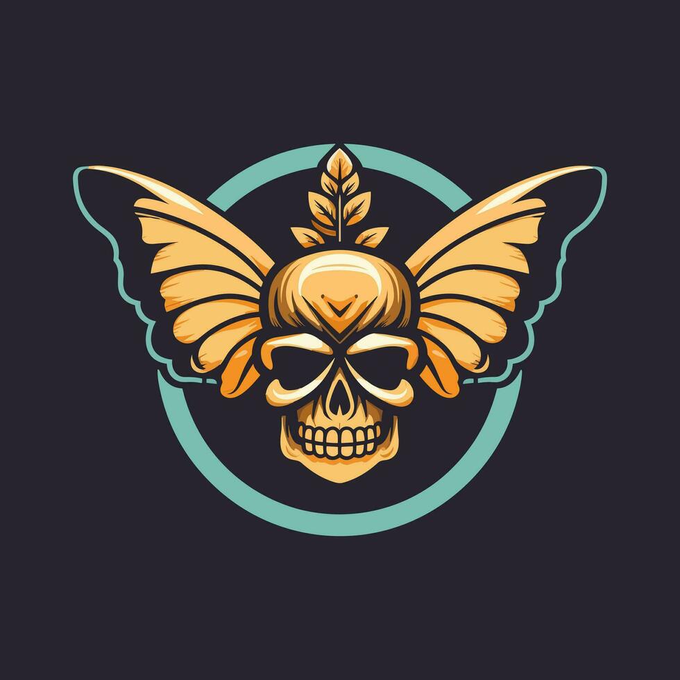 skull with butterfly wings illustration hand drawn logo design vector