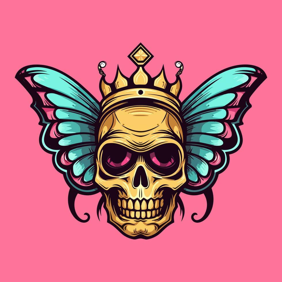 cráneo con mariposa alas y corona ilustración mano dibujado logo diseño vector