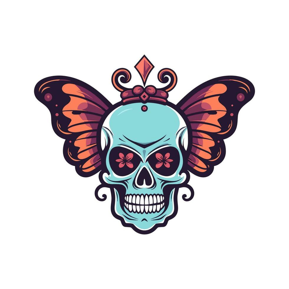 cráneo con mariposa alas y corona ilustración mano dibujado logo diseño vector