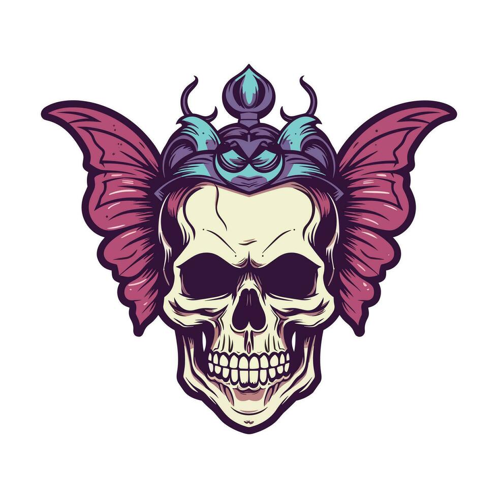 skull with butterfly wings and crown illustration hand drawn logo design vector