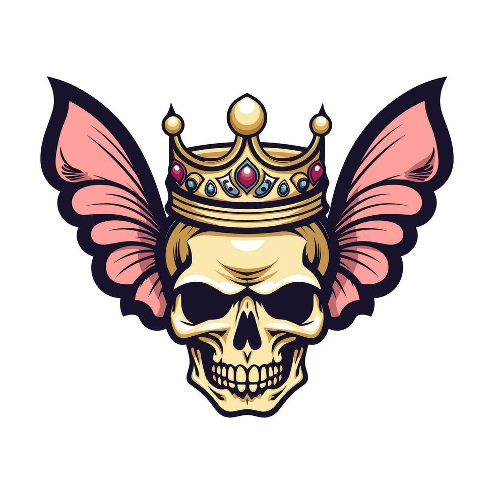 skull with butterfly wings and crown illustration hand drawn logo design vector