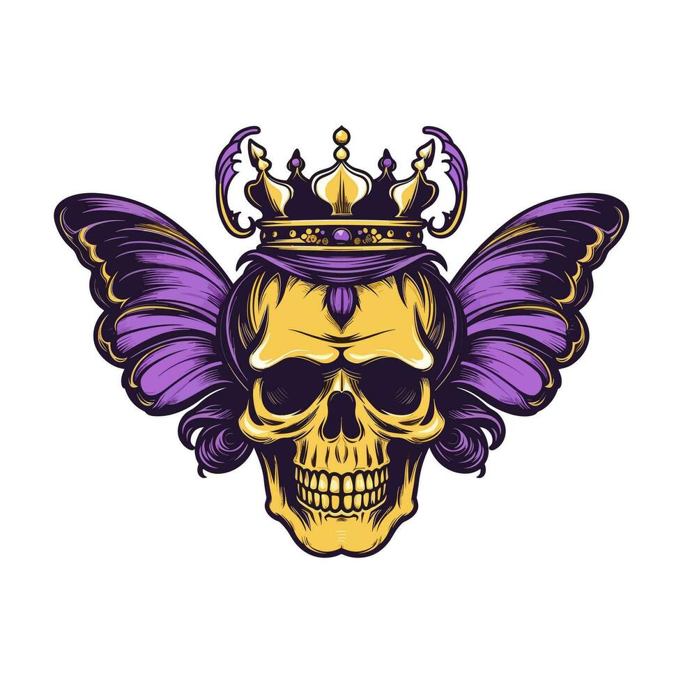 skull with butterfly wings and crown illustration hand drawn logo design vector