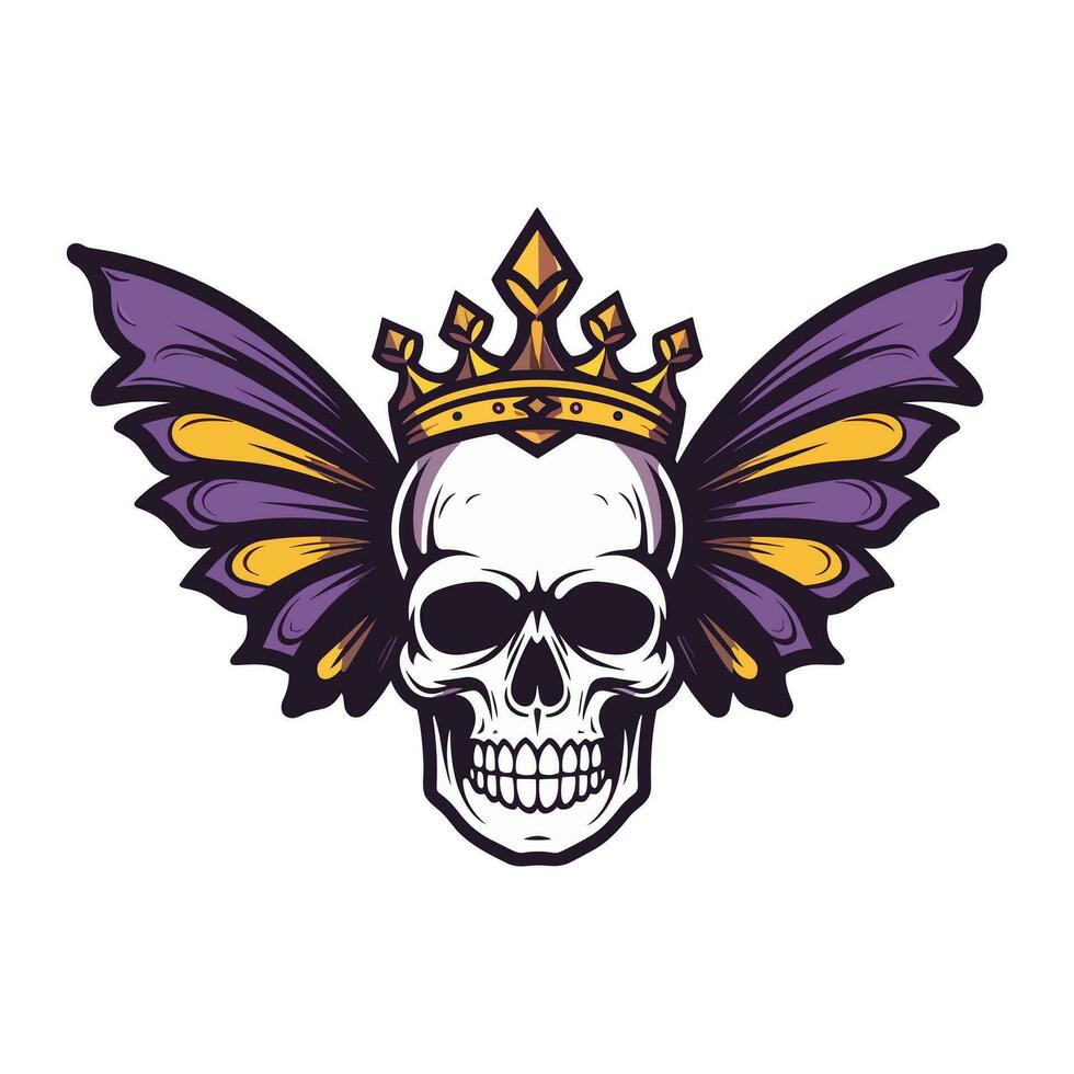 skull with butterfly wings and crown illustration hand drawn logo design vector