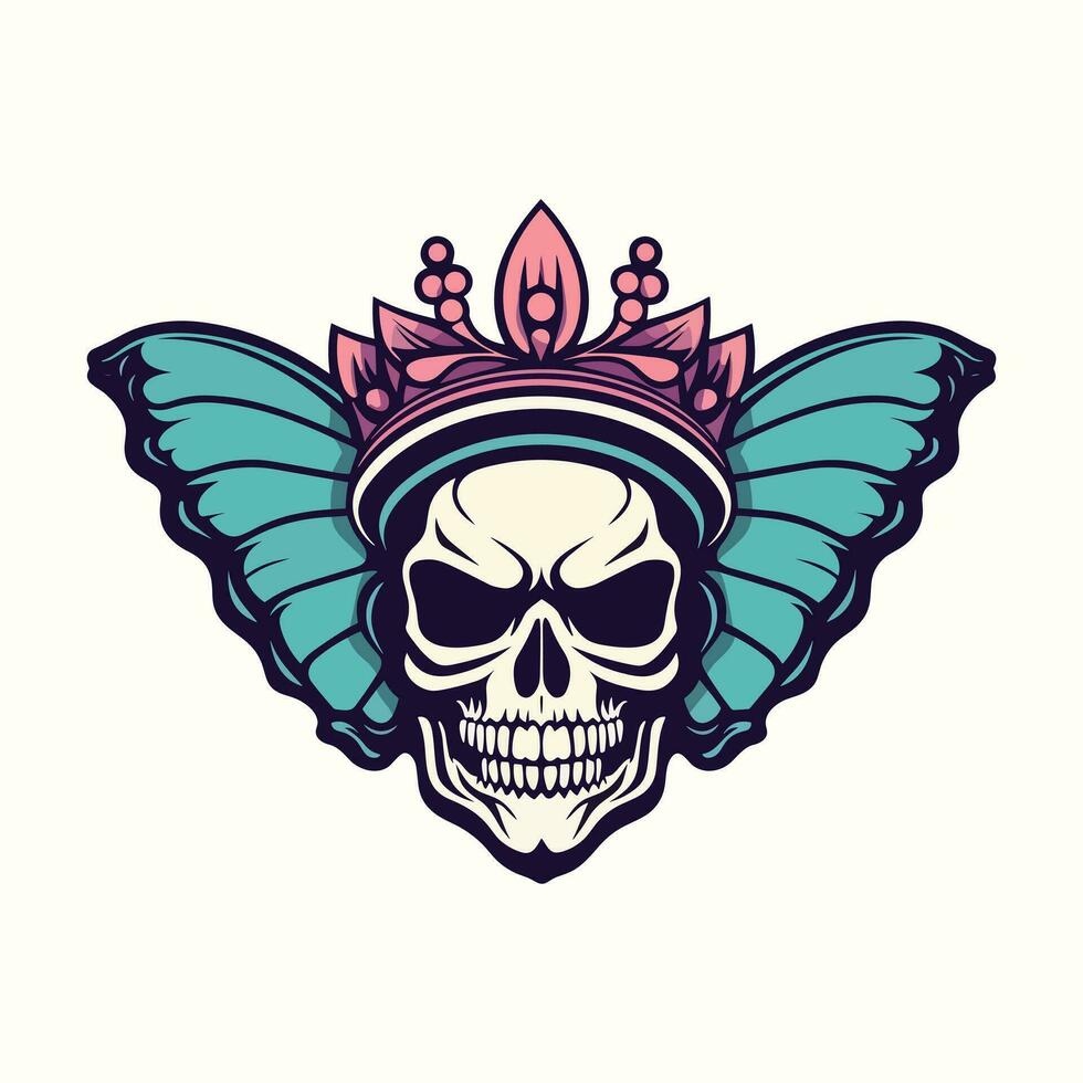 skull with butterfly wings and crown illustration hand drawn logo design vector
