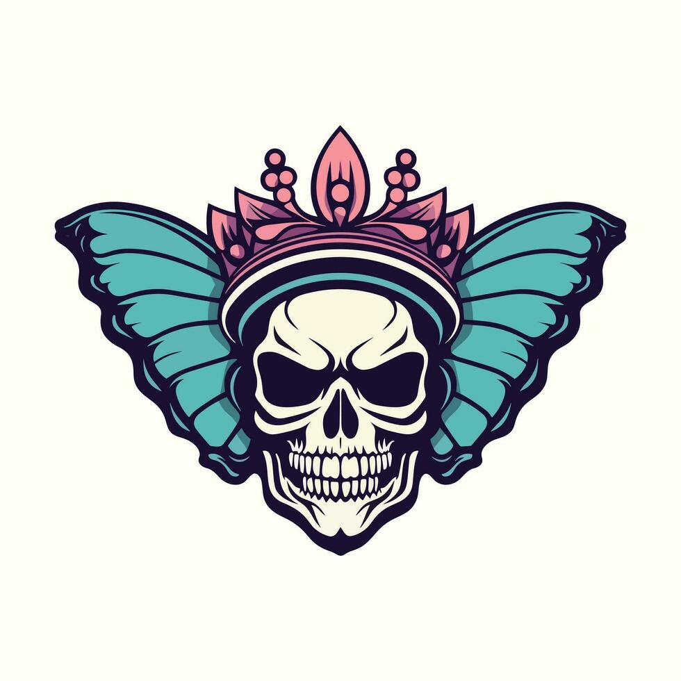 skull with butterfly wings and crown illustration hand drawn logo design vector