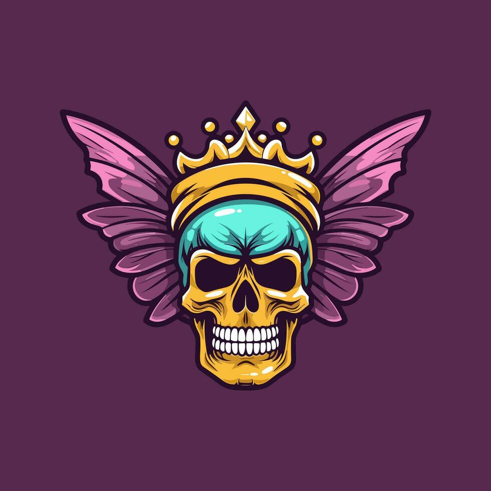 skull with butterfly wings and crown illustration hand drawn logo design vector