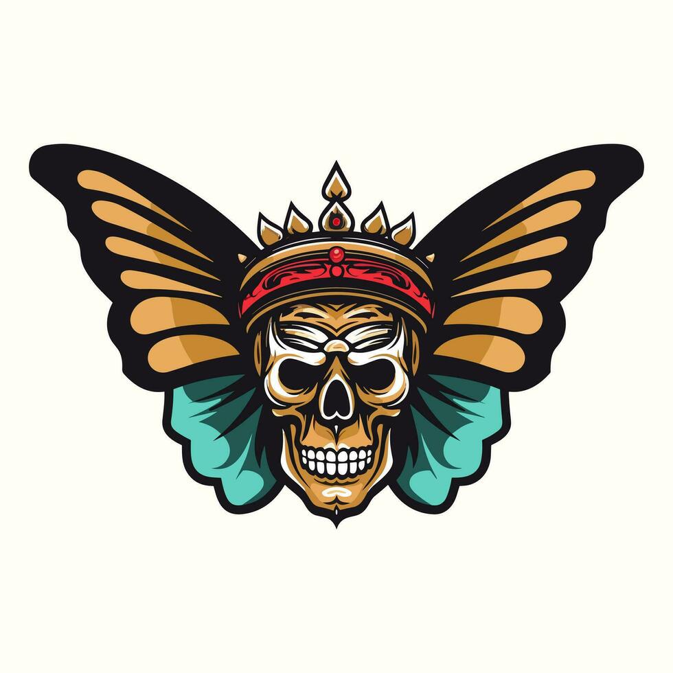 cráneo con mariposa alas y corona ilustración mano dibujado logo diseño vector