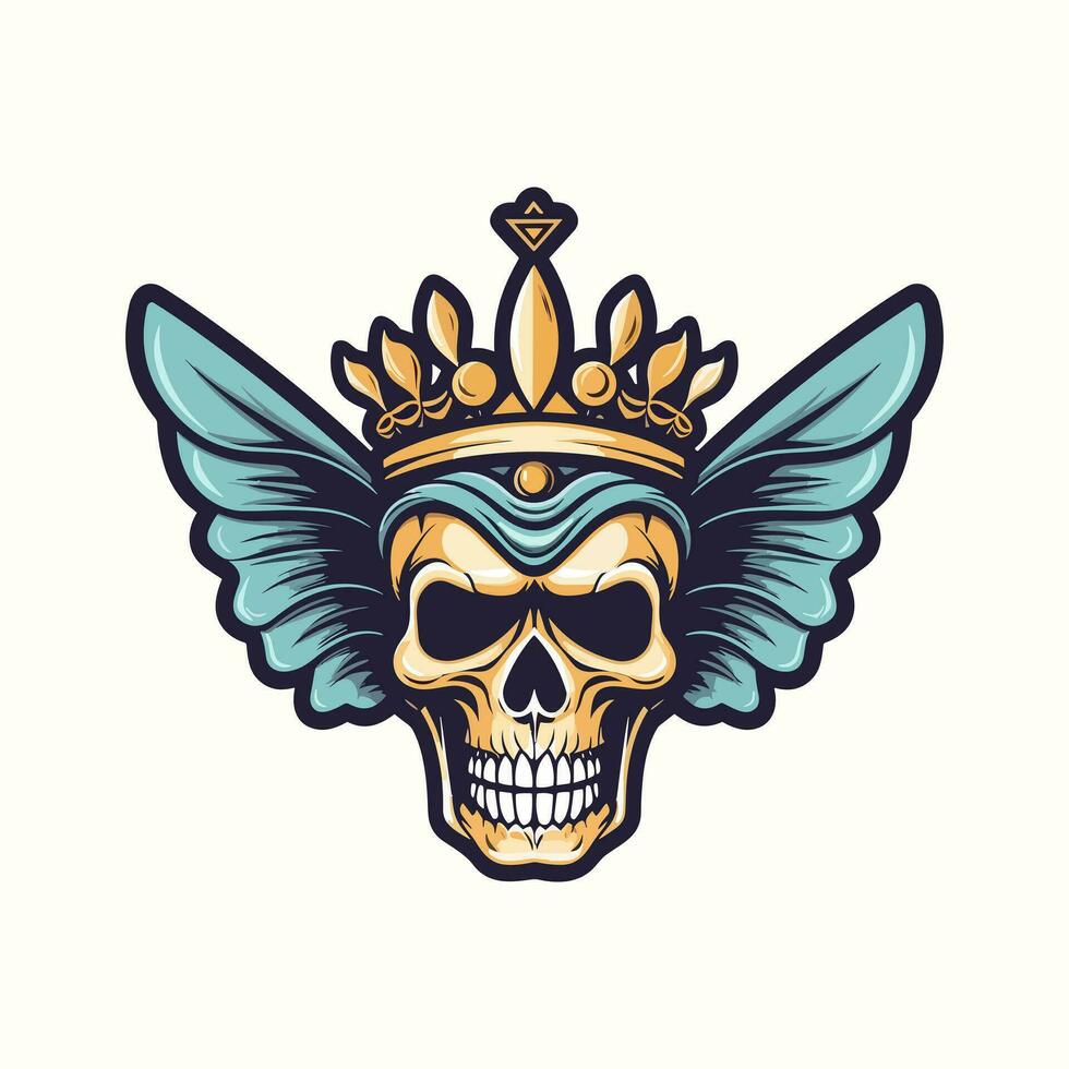 skull with butterfly wings and crown illustration hand drawn logo design vector