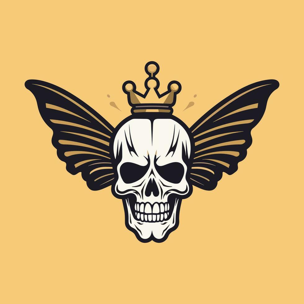 skull with butterfly wings and crown illustration hand drawn logo design vector