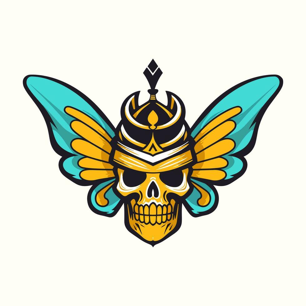 skull with butterfly wings and crown illustration hand drawn logo design vector
