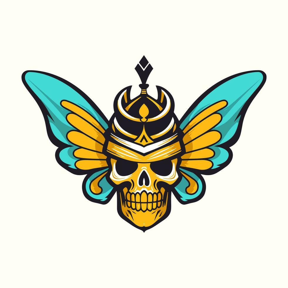 cráneo con mariposa alas y corona ilustración mano dibujado logo diseño vector