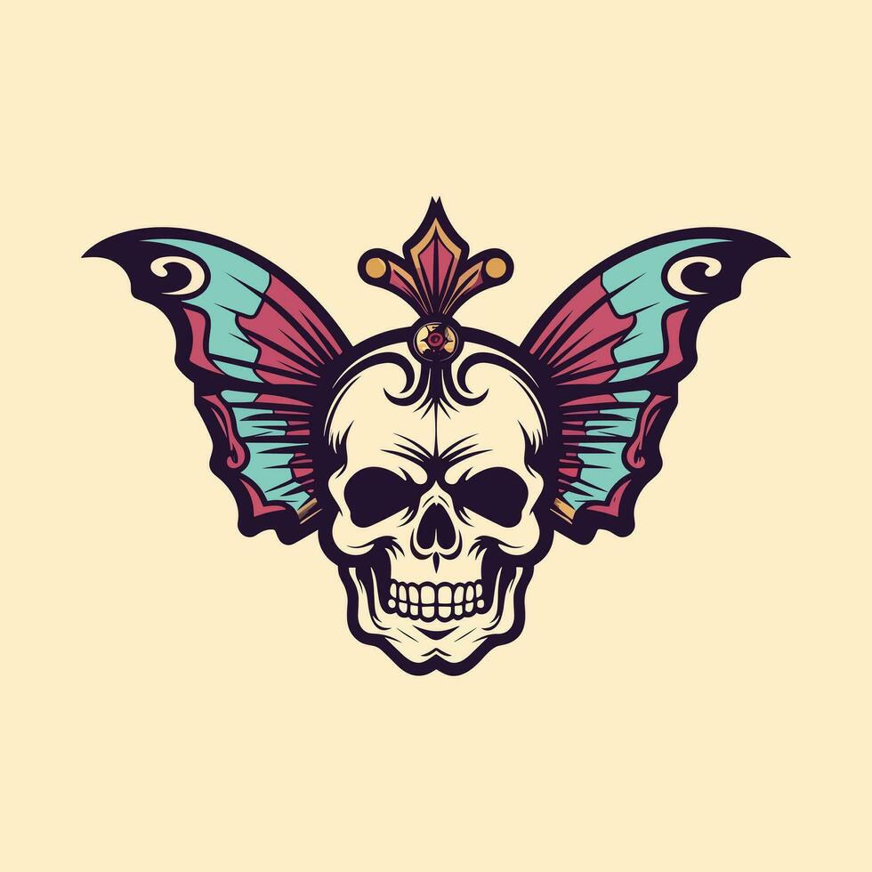 cráneo con mariposa alas y corona ilustración mano dibujado logo diseño vector