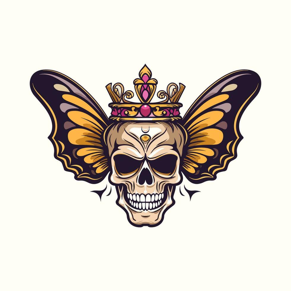 cráneo con mariposa alas y corona ilustración mano dibujado logo diseño vector