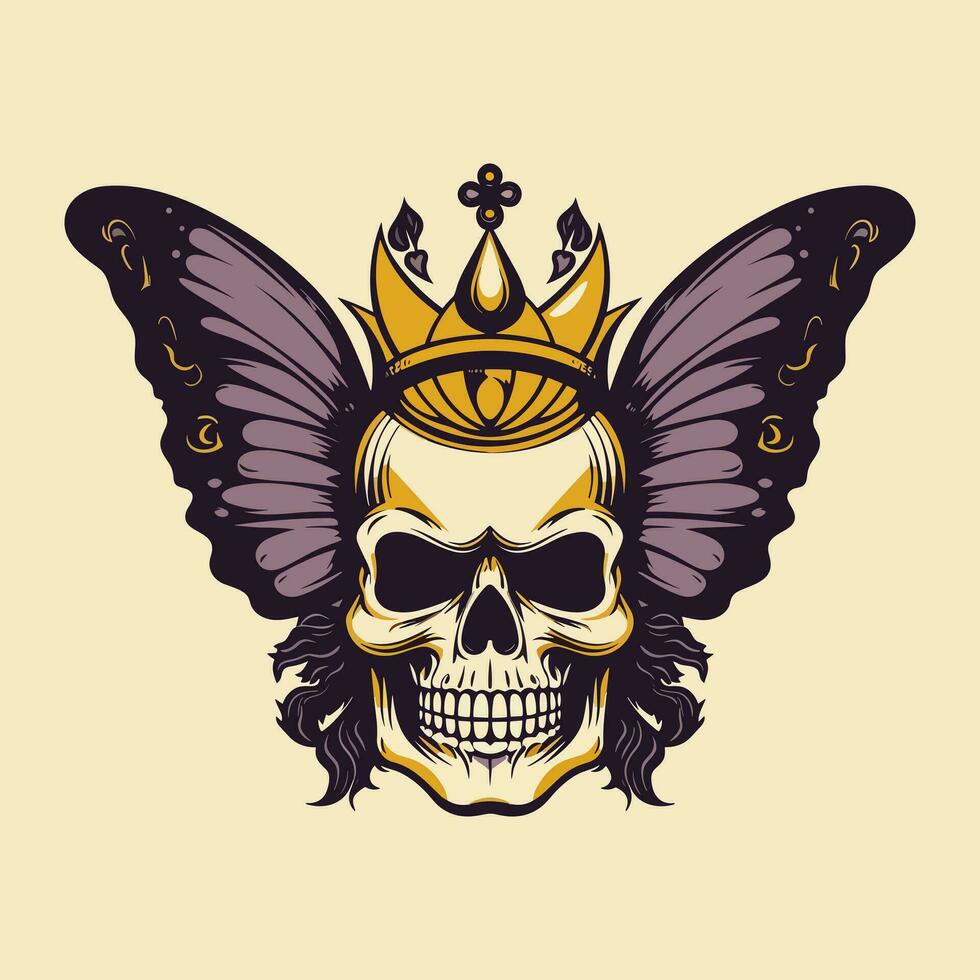 cráneo con mariposa alas y corona ilustración mano dibujado logo diseño vector