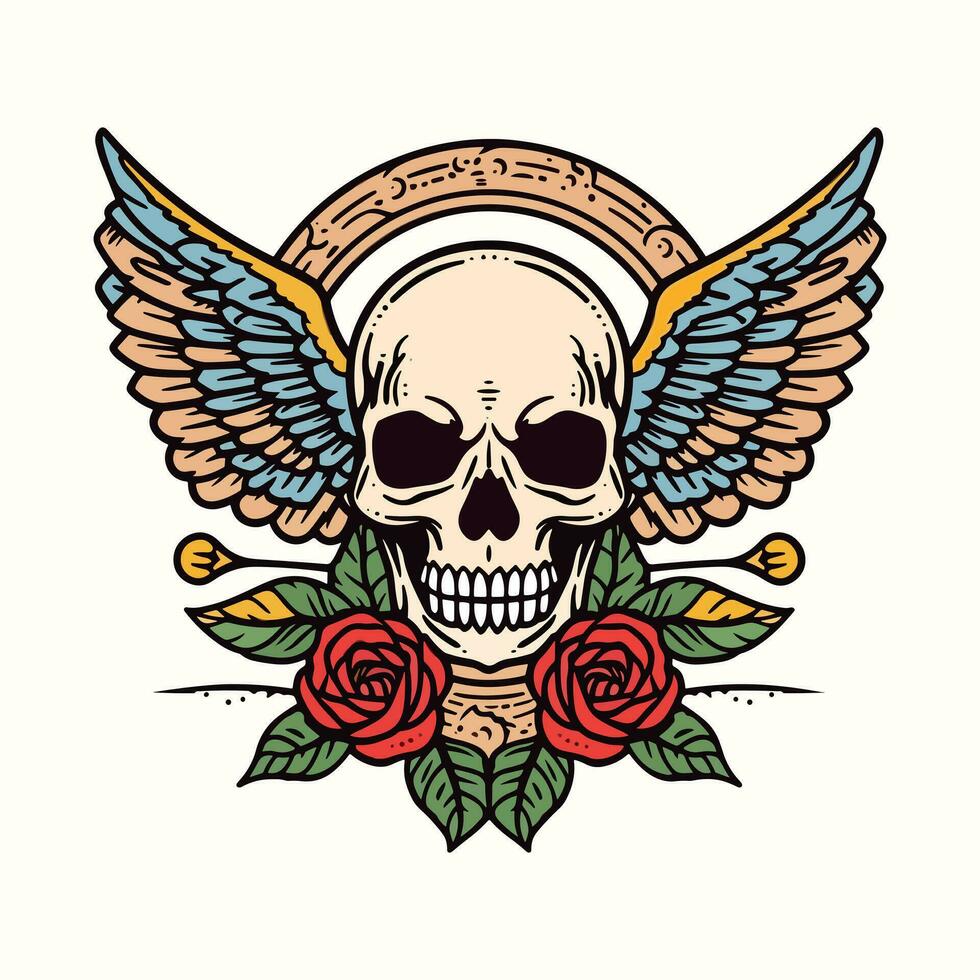 skull wings and flower illustration hand drawn logo design vector