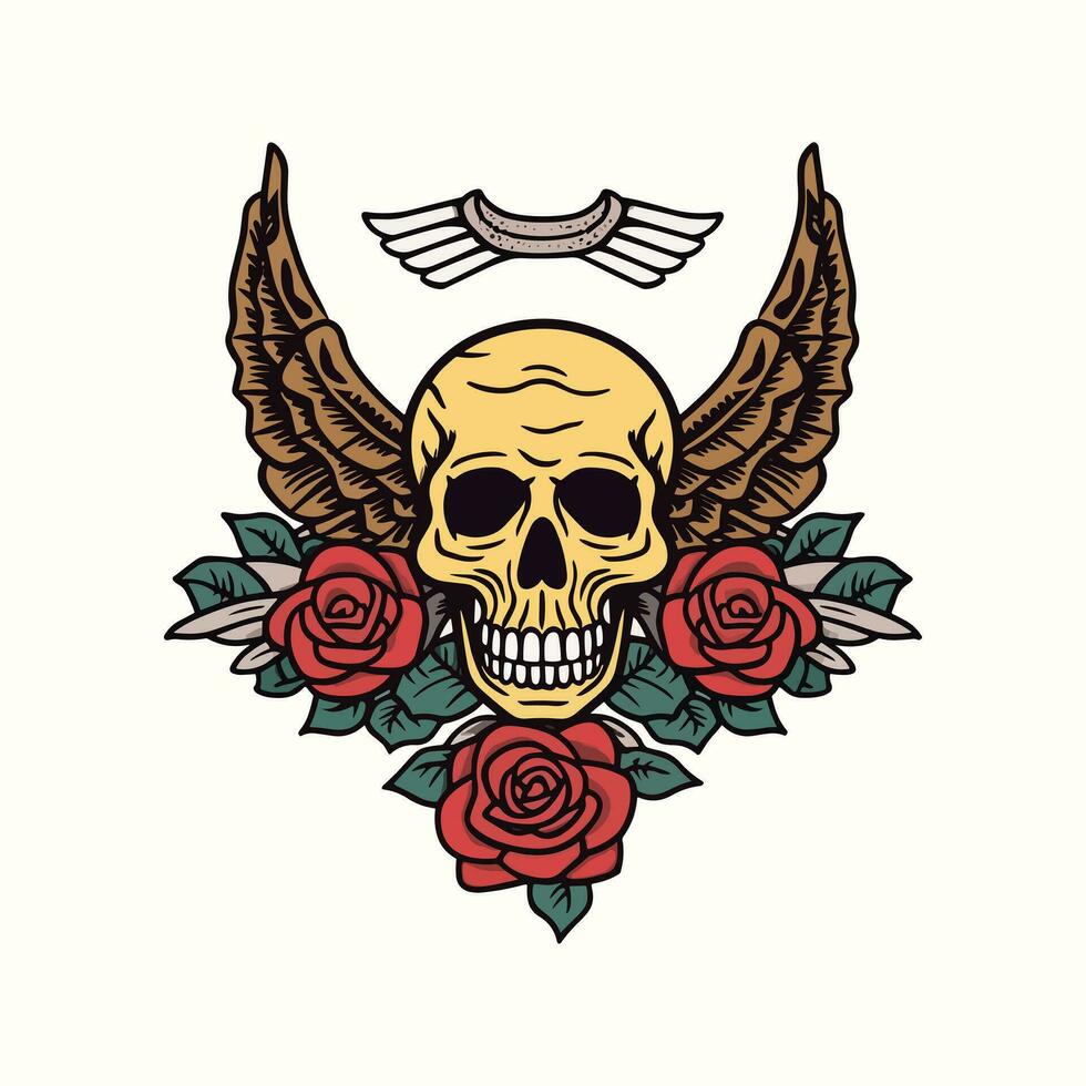 skull wings and flower illustration hand drawn logo design vector