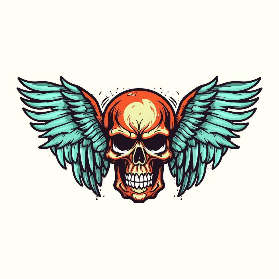 skull wings illustration hand drawn logo design vector