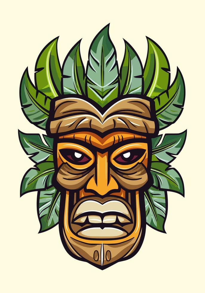 wooden tiki mask tribal hand drawn logo design illustration vector