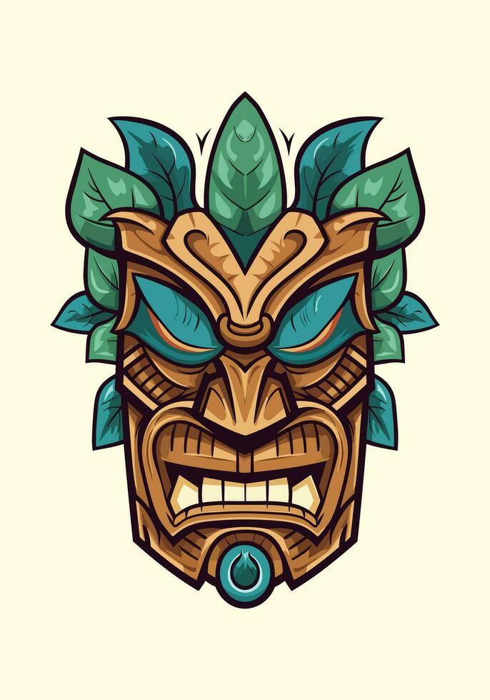 wooden tiki mask tribal hand drawn logo design illustration vector