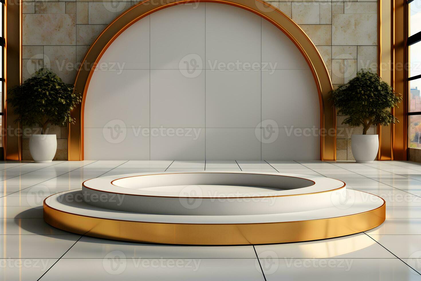 Pedestals product display showcase geometrical shapes for presentation with leaves photo