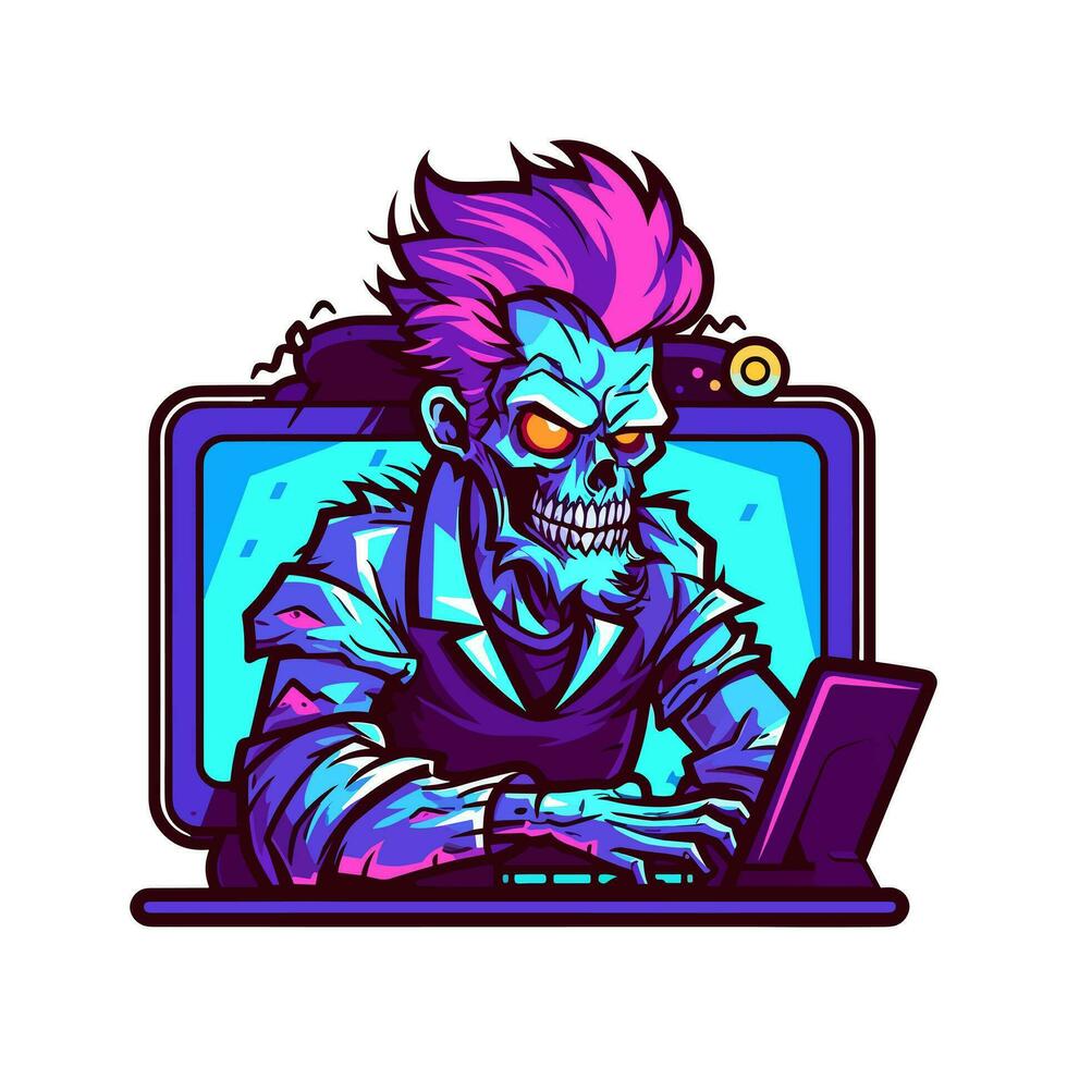 muertos vivientes jugador perdido en virtual realidad. único logo diseño presentando un zombi y un ordenador personal monitor vector