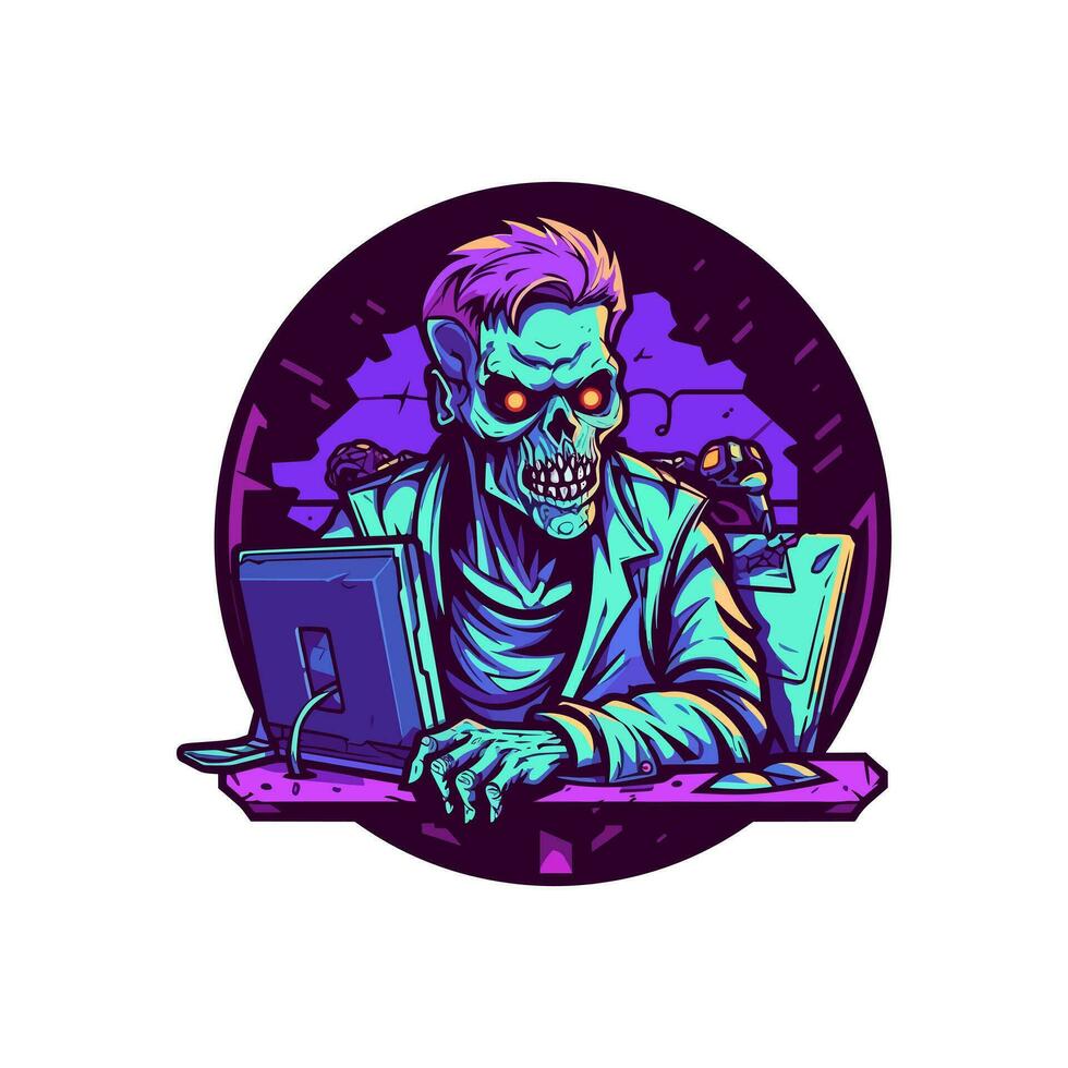 muertos vivientes jugador perdido en virtual realidad. único logo diseño presentando un zombi y un ordenador personal monitor vector