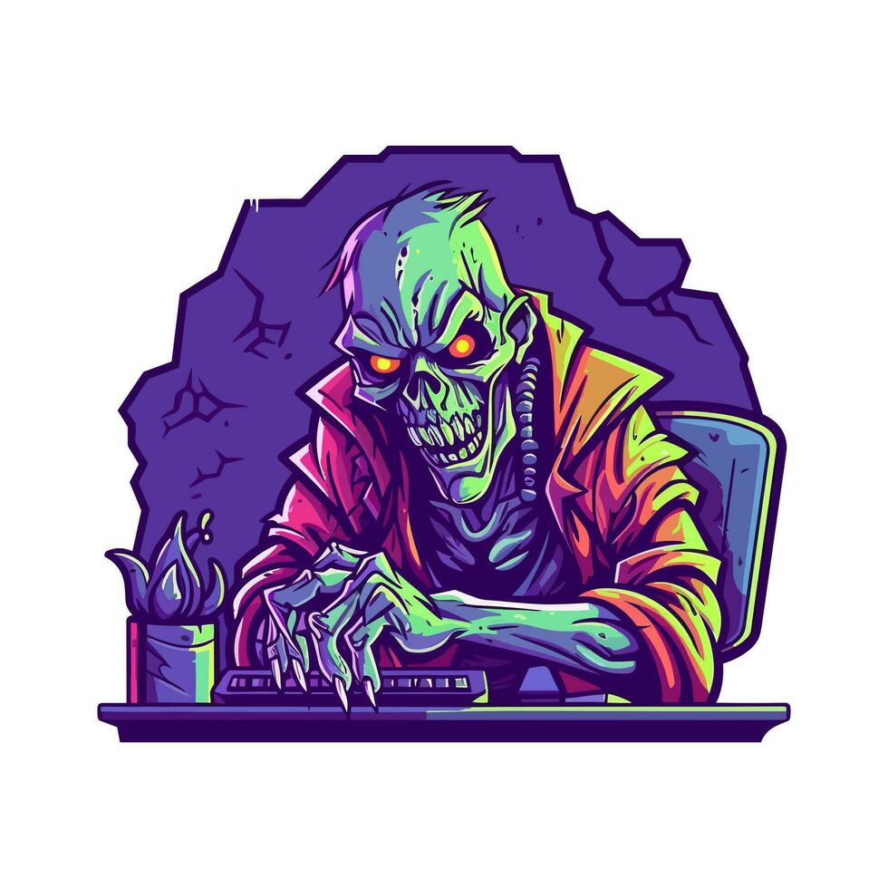 muertos vivientes jugador perdido en virtual realidad. único logo diseño presentando un zombi y un ordenador personal monitor vector