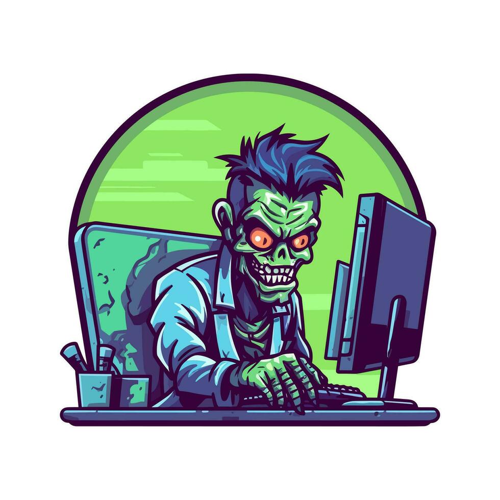 Undead gamer lost in virtual reality. Unique logo design featuring a zombie and a PC monitor vector