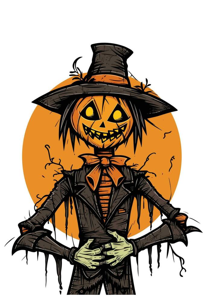 Scarecrow pumpkin illustration A whimsical and charming hand drawn design capturing the essence of autumn, harvest, and Halloween vector