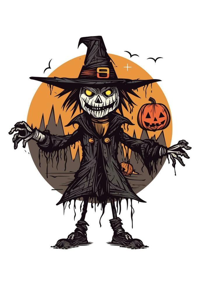 Scarecrow pumpkin illustration A whimsical and charming hand drawn design capturing the essence of autumn, harvest, and Halloween vector