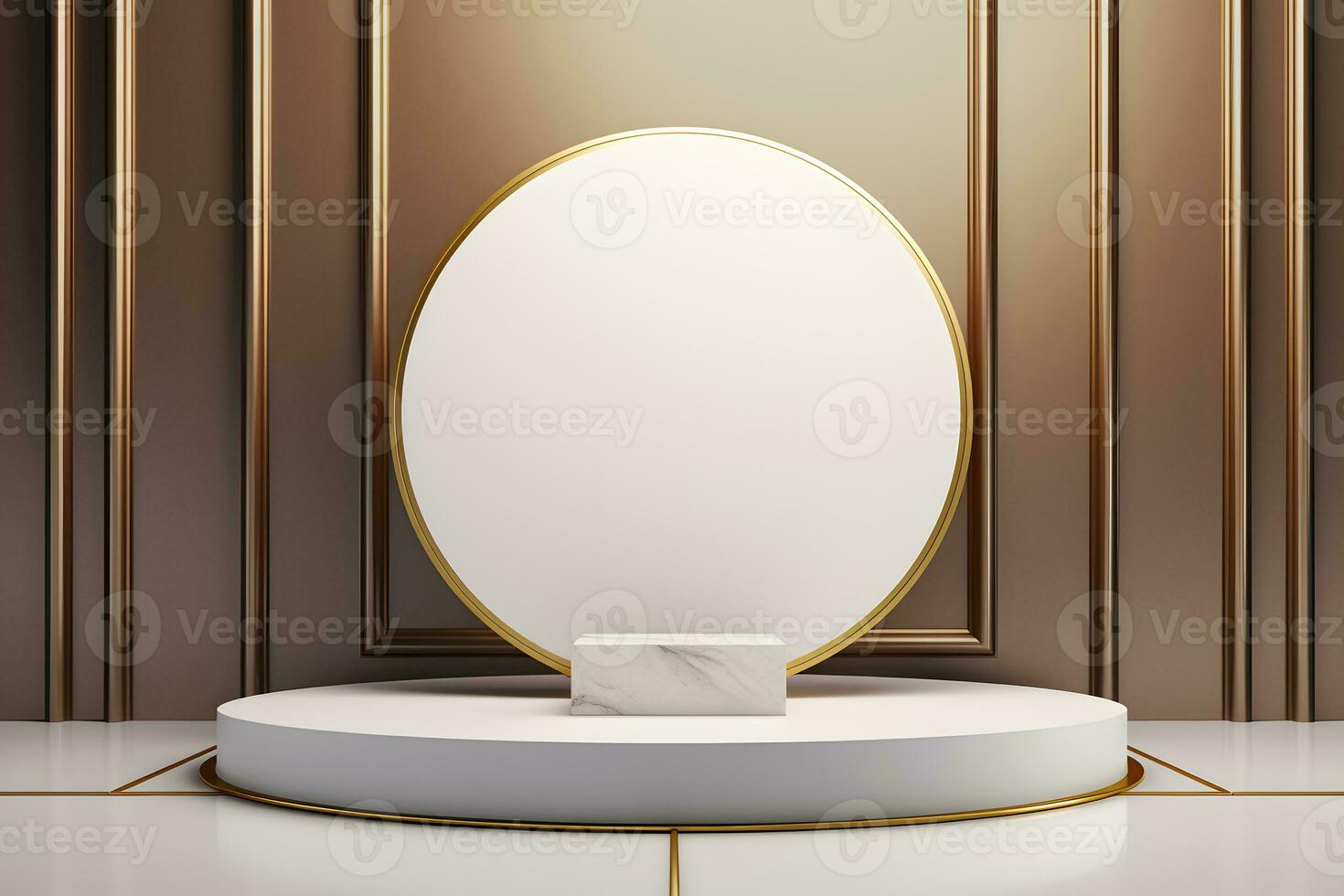 abstract minimalist geometric neon background, simple showcase scene with white hemisphere and golden ring, gold round frame and liquid floor with reflection. Podium for product presentation photo