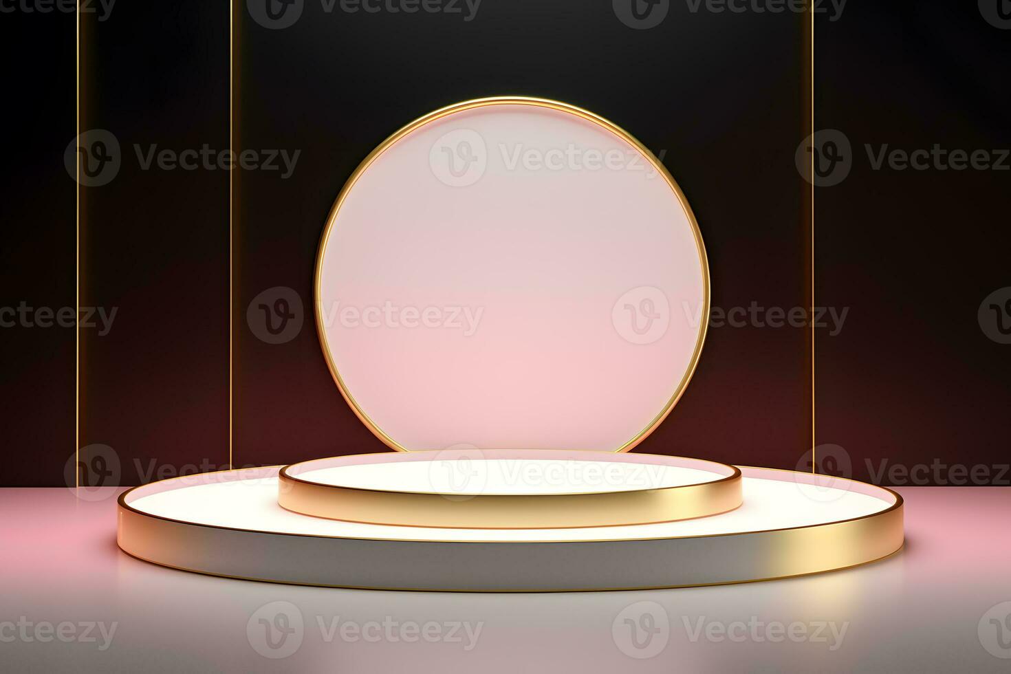 abstract minimalist geometric neon background, simple showcase scene with white hemisphere and golden ring, gold round frame and liquid floor with reflection. Podium for product presentation photo
