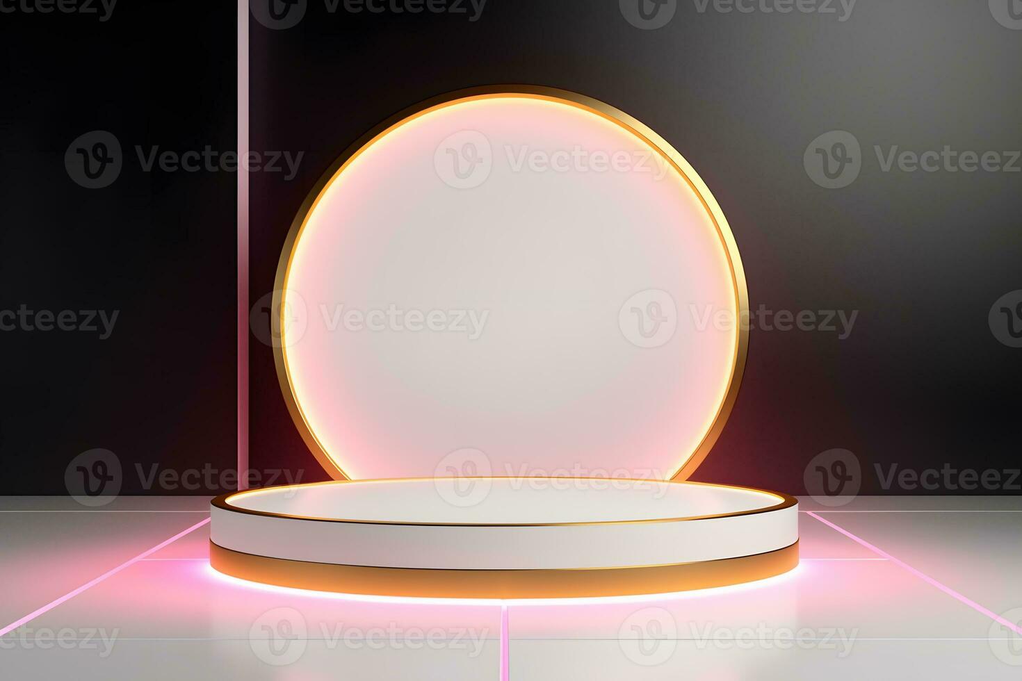 abstract minimalist geometric neon background, simple showcase scene with white hemisphere and golden ring, gold round frame and liquid floor with reflection. Podium for product presentation photo