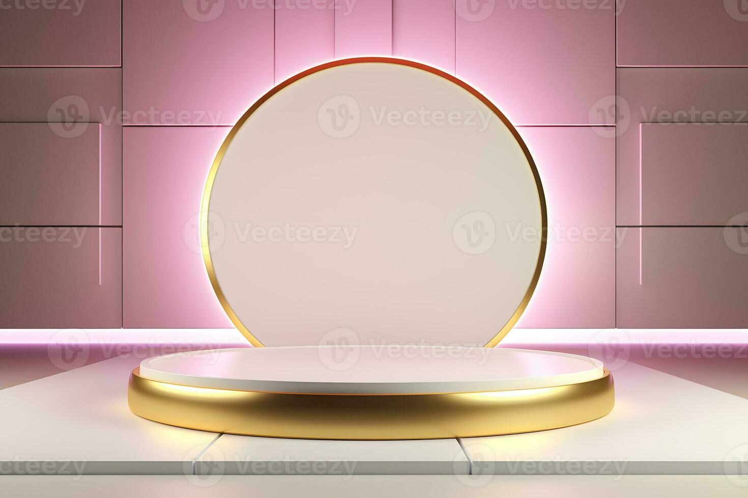 abstract minimalist geometric neon background, simple showcase scene with white hemisphere and golden ring, gold round frame and liquid floor with reflection. Podium for product presentation photo