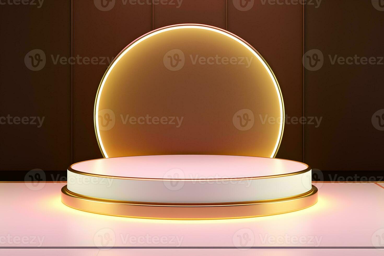 abstract minimalist geometric neon background, simple showcase scene with white hemisphere and golden ring, gold round frame and liquid floor with reflection. Podium for product presentation photo