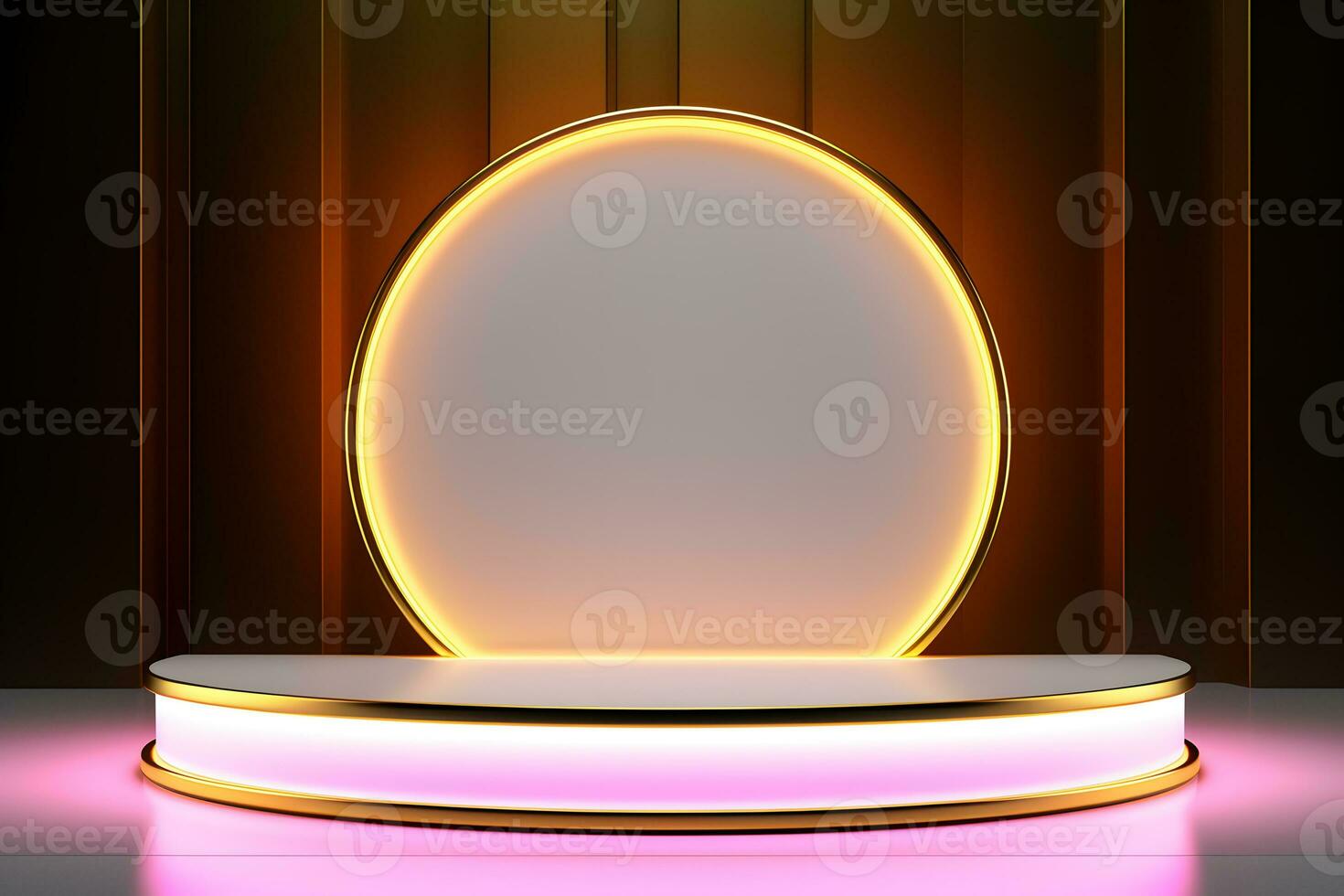 abstract minimalist geometric neon background, simple showcase scene with white hemisphere and golden ring, gold round frame and liquid floor with reflection. Podium for product presentation photo